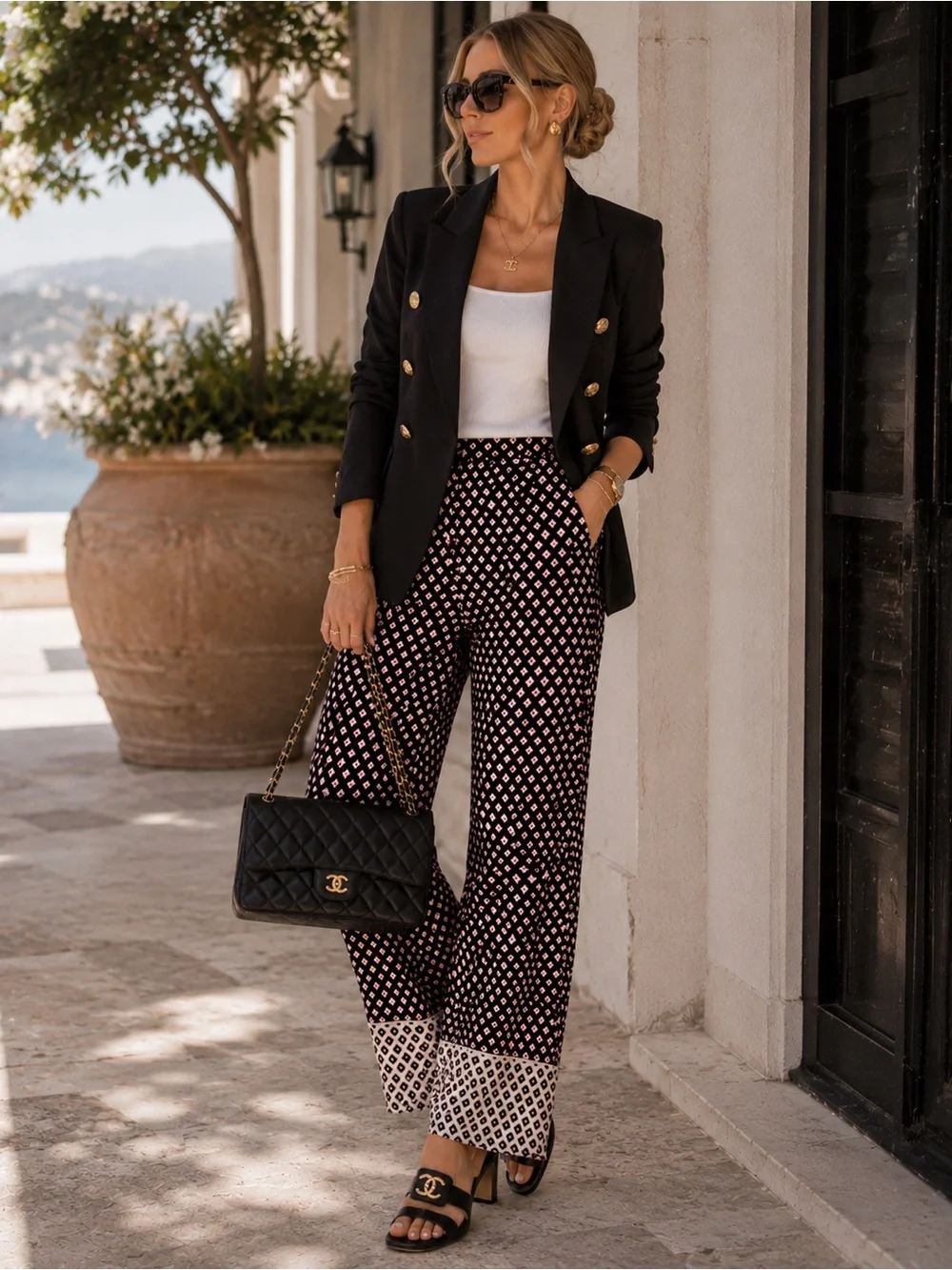Zara Navy Geo Print Wide Leg Pants Size S Resort Pull On Pants